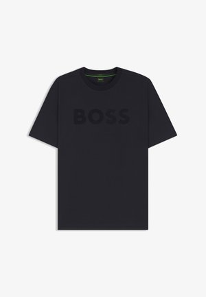 Black cotton t-shirt with a crew neck, short sleeves, and a textured “BOSS” logo prominently displayed on the front.