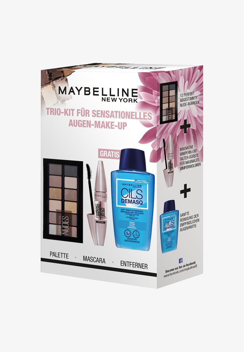 Maybelline New York trio-kit som innehåller en nude ögonskuggepalett, mascara och sminkborttagning. Boxen visar produktnamn och blommönster.