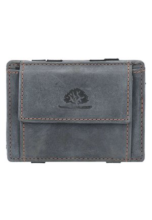 Grijze leren portemonnee met een voorflap en een reliëfboomlogo. Bevat contrasterende oranje stiksels en kaartvakken aan de zijkanten. Compact ontwerp.