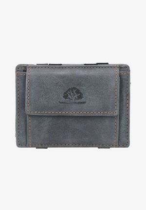 Grijze leren portemonnee met een voorflap en een reliëfboomlogo. Bevat contrasterende oranje stiksels en kaartvakken aan de zijkanten. Compact ontwerp.