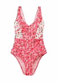 One-piece swimsuit in pink with floral and strawberry patterns, featuring a deep V-neck, contrasting side panels, and high-cut legs.