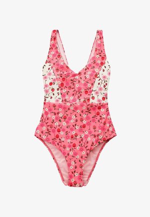 Maillot de bain une pièce rose avec des motifs floraux et de fraises, présentant un décolleté en V profond, des panneaux latéraux contrastants et des jambes échancrées.
