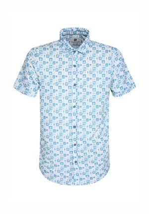 Camisa de manga corta abotonada en tejido azul claro, con un patrón de pequeños cuadrados que presentan diversos diseños en blanco y botones azules.
