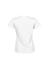T-shirt bianco a maniche corte con scollo rotondo, texture di cotone liscia e forma aderente, mostrato dal lato posteriore.