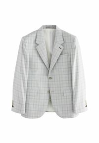Blazer de cuadros grises con solapa muesca, dos bolsillos frontales y cierre de tres botones. Textura suave y forro ligero.