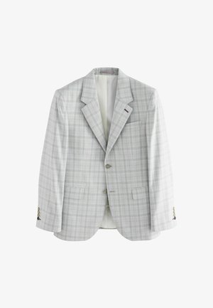 Gray plaid blazer with a notched lapel, two front pockets, and three-button closure. Smooth texture and light lining.