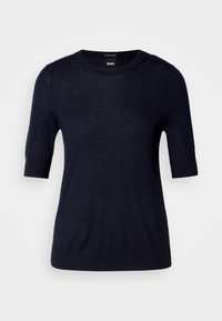 Pull noir à manches courtes avec col rond, poignets et ourlet côtelés, en tissu léger, présenté sur un fond blanc uni.