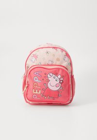 Majhen roza nahrbtnik za otroke z likom Peppa Pig ter cvetličnimi in metuljnimi vzorci na enobarvni podlagi.