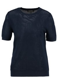 Pull à manches courtes bleu marine avec un design en maille. Il présente un col rond et un ourlet côtelé pour un ajustement décontracté. Texture légère.