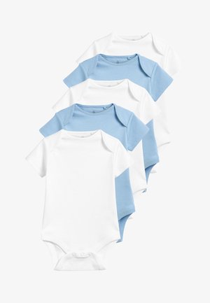 Five short-sleeved bodysuits arranged in a stack, featuring two light blue and three white designs, cotton material, and snap closures.