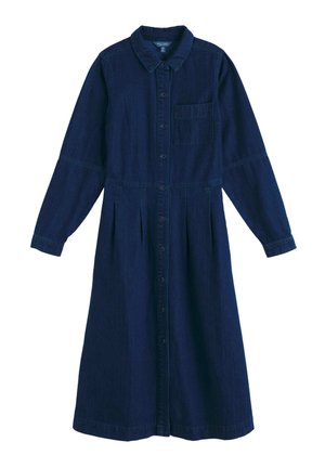 Denim hemdjurk in donkerblauw, met een kraag, lange mouwen, knopen aan de voorkant en een borstzak, met een geplooide rok onder de taille.