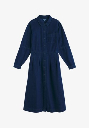 Denim hemdjurk in donkerblauw, met een kraag, lange mouwen, knopen aan de voorkant en een borstzak, met een geplooide rok onder de taille.