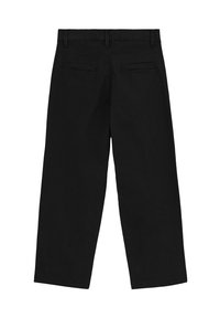 Čierne nohavice so širokým rovnými nohavicami, vyrobené z bavlnenej látky. Majú dve zadné vrecká a pásik s pútkami na opasok.