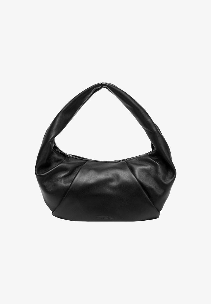 Borsa in pelle nera con una forma curva unica e una maniglia larga e morbida. Presenta una chiusura con zip e una texture liscia con pieghe sottili.