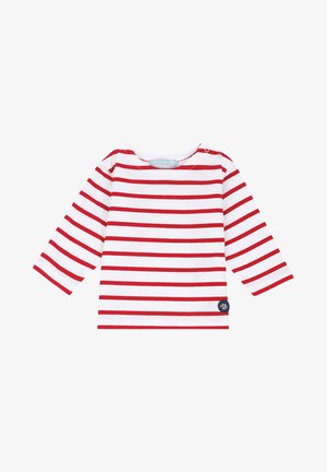 Rood-wit gestreepte langsleevenshirt met een ronde hals en knoopdetails op de schouder. Heeft een kleine marineblauwe logo patch aan de zoom.