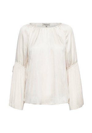 Lichtbeige blouse met een ronde hals, lange geplooide mouwen en een losse pasvorm. Gemaakt van een gladde stof met een subtiele glans.