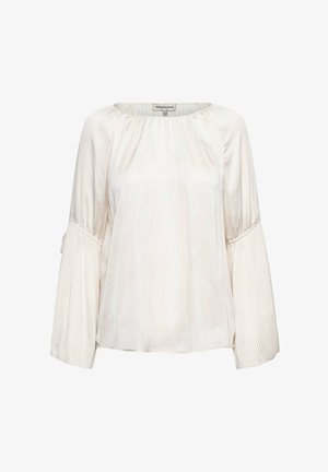 Lichtbeige blouse met een ronde hals, lange geplooide mouwen en een losse pasvorm. Gemaakt van een gladde stof met een subtiele glans.