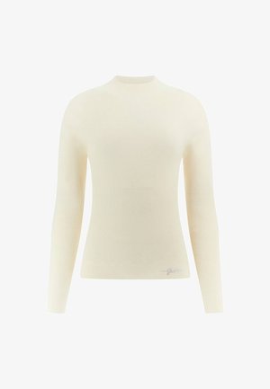 Sweater en maille côtelée à manches longues, de couleur crème, avec un col montant et un petit logo de marque en strass près de l'ourlet.