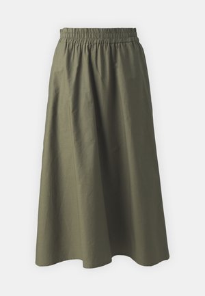 Olivovo zelená, mid-length sukňa s naťahovacím elastickým pásom. Vyrobená z ľahkej tkaniny s hladkou textúrou a jednoduchým dizajnom.