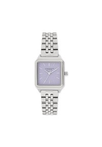 Silverfärgad metallarmbandsklocka med en kvadratisk lavendelfärgad urtavla och silverfärgade timmarkeringar. Utrustad med ett metallarmband och ett hölje av rostfritt stål.