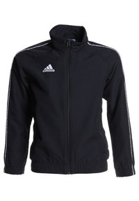 Sort zip-up træningsjakke lavet af glat stof, med hvide striber på ærmerne og et lille Adidas-logo på øverste venstre side.