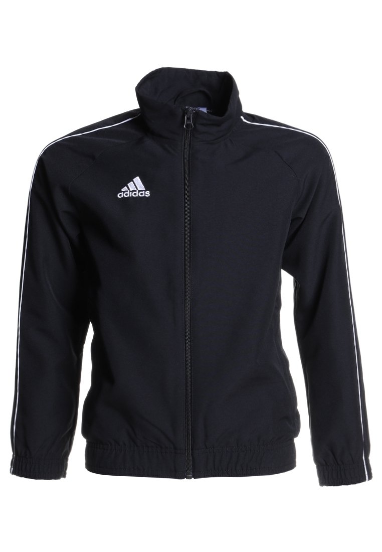 Sort zip-up træningsjakke lavet af glat stof, med hvide striber på ærmerne og et lille Adidas-logo på øverste venstre side.