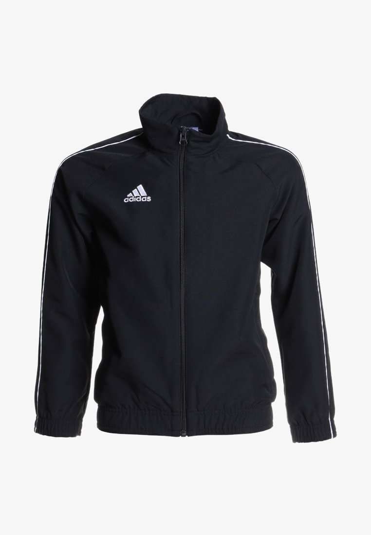 Schwarze, durchgehende Sportjacke aus glattem Stoff, mit weißen Streifen an den Ärmeln und einem kleinen Adidas-Logo auf der oberen linken Seite.