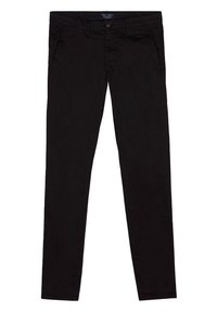 Pantalon en coton noir avec une coupe ajustée, doté de poches avant, d'une fermeture par bouton et d'une texture lisse.