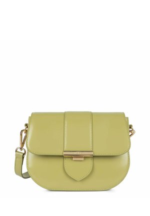 Borsa a tracolla in pelle verde pallido, lucida, con chiusura a pattina, accessori in oro e tracolla removibile. Presenta dettagli cuciti e base arrotondata.