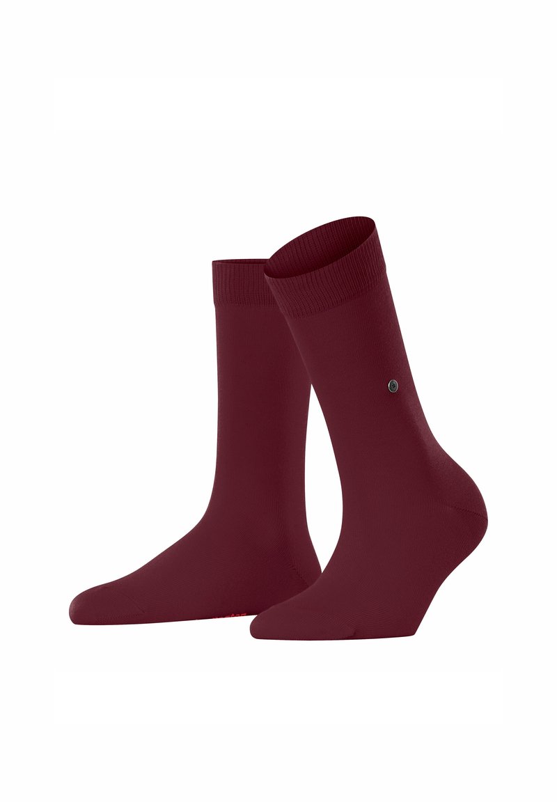 Deux chaussettes bordeaux affichées ensemble, présentant un bord côtelé et un petit logo sur le côté, sur fond blanc uni.