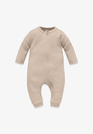 Beige baby onesie with long sleeves, front zip closure, and ribbed cuffs. Soft fabric, simple design, and no patterns. Ideal for comfort.