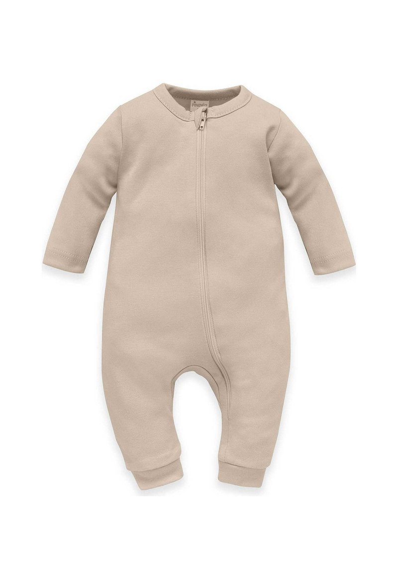 Beige Babysachen mit langen Ärmeln, Reißverschluss vorne und gerippten Bündchen. Weicher Stoff, einfaches Design und keine Muster. Ideal für mehr Komfort.