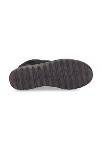 Suola di scarpa in gomma nera con design del battistrada a motivo, caratterizzata da accenti circolari e superficie testurizzata per grip e durabilità.