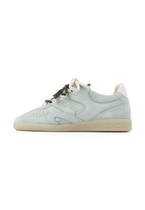 Light blue suede sneaker with beige sole, dual black and white laces, and "VIA VAI" logo on sole side.