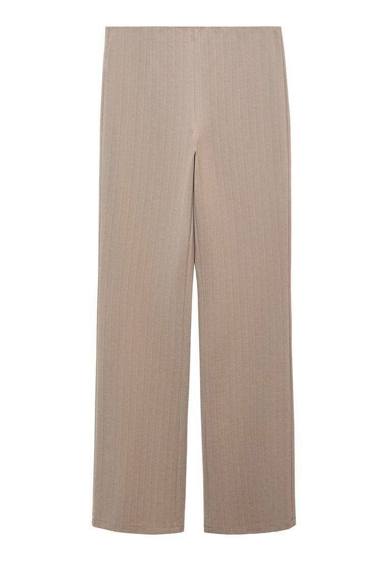 Beige ribbed wide-leg pants made from a soft fabric. Features a straight cut with vertical texture lines throughout.