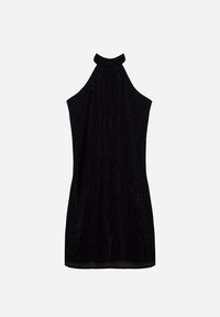 Vestido negro de cuello halter hecho de tejido Texturizado, con un escote fruncido y silueta acampanada, adecuado para ocasiones formales.