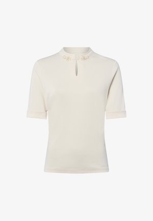 Cremfarbener Kurzarm-Top mit Stehkragen, der dekorative Blumen in der Nähe des Ausschnitts und eine Schlüsselöffnungs vorne aufweist.