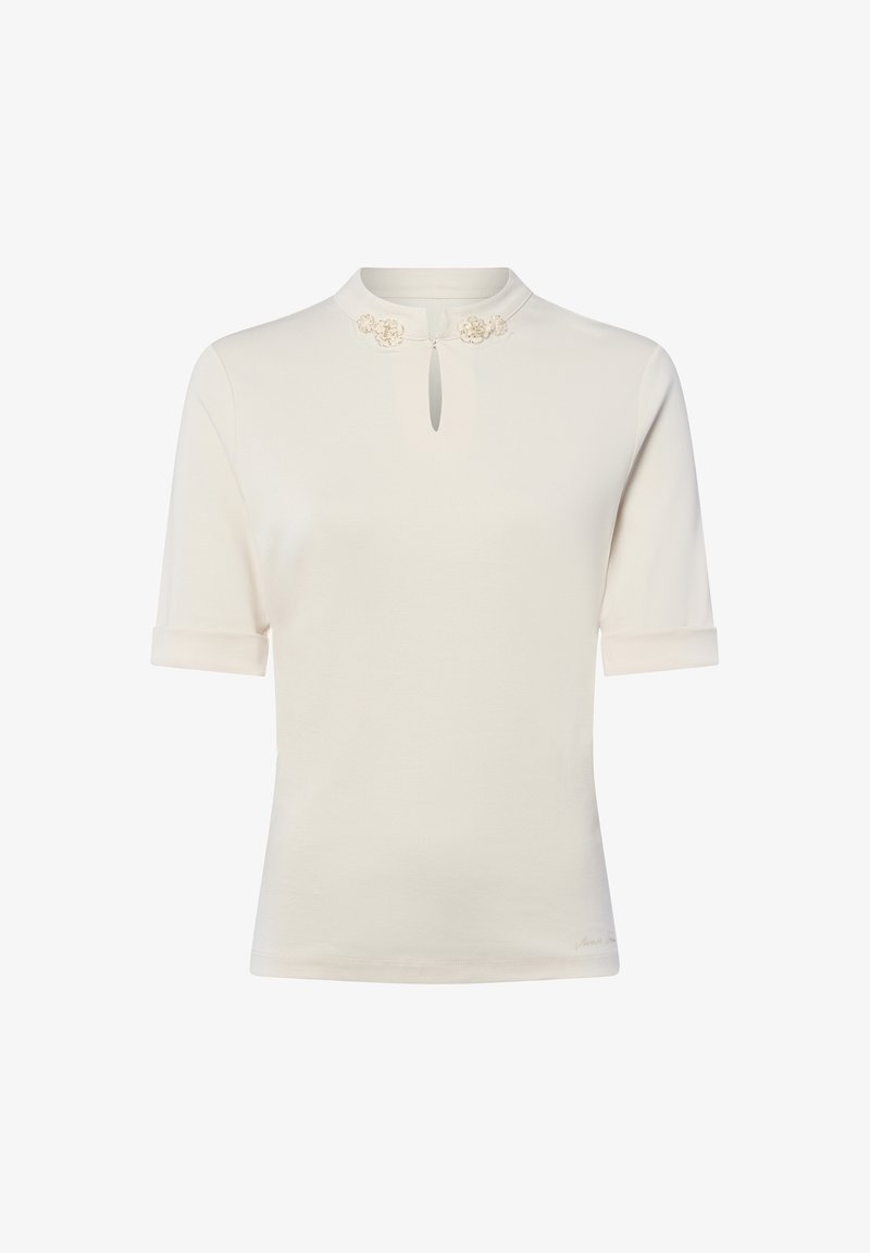 Crèmekleurig shirt met korte mouwen en een opstaande kraag, versierd met decoratieve bloemen bij de halslijn en een sleutelgatopening aan de voorkant.