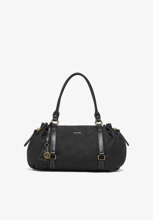 Borsa Liu Jo nera con doppio manico, dettagli in oro e targhetta decorativa con logo su sfondo bianco.