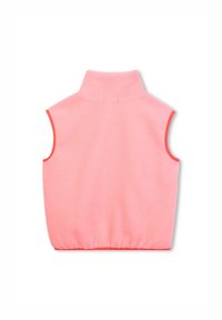 Roze fleece mouwloos vest met een hoge kraag, elastische zoom en contrasterende oranje biezen rond de armsgaten. Zachte textuur, lichtgewicht ontwerp.