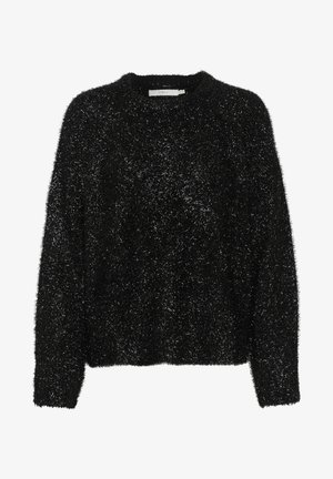 Juodas pūkuotas megztinis su apvalia iškirpte ir ilgomis rankovėmis. Tekstūruota, minkšta medžiaga, laisvas siluetas. Be raštų ar matomų detalių.