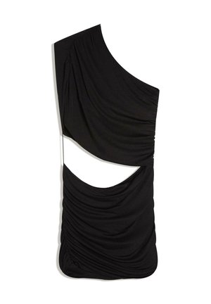 Sort ruched one-shoulder minikjole med stort diagonalt udskæring over maven, der skaber et stilfuldt asymmetrisk design.