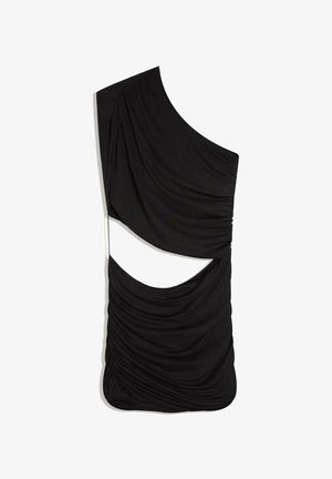 Musta ryppyinen yhden olkapään minimekko, jossa on suuri vinottainen leikkaus vyötärön kohdalla, luoden tyylikkään epäsymmetrisen designin.