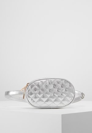 Silberne, metallische, gesteppte ovale Bauchtasche mit goldfarbenem Reißverschluss und verstellbarem Riemen auf weißer Oberfläche.