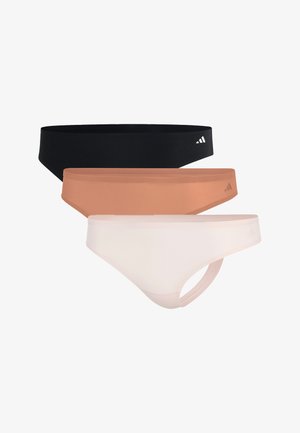 Trys moterų bikini kelnaitių poros juodos, nude ir šviesiai rožinės spalvos. Pagamintos iš lygaus audinio, minimalistinio dizaino su plona juosta.