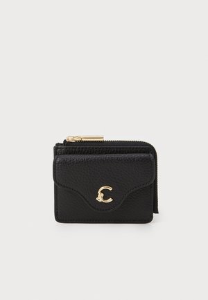 Black leather wallet with textured finish, featuring a gold logo accent and a zippered compartment. Compact design with curved flap.