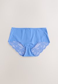 Lyseblå dameunderbukser med blondekant ved benåbningerne og en lille sløjfedetalje i midten af taljen.