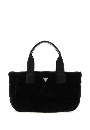 Sac noir texturé fait de matériau duveteux avec des sangles noires lisses et un logo triangulaire. Forme rectangulaire avec une finition douce.