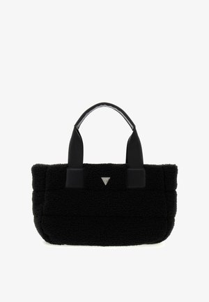 Borsa nera con texture realizzata in materiale morbido, con tracolle nere lisce e un logo triangolare. Forma rettangolare con una finitura morbida.