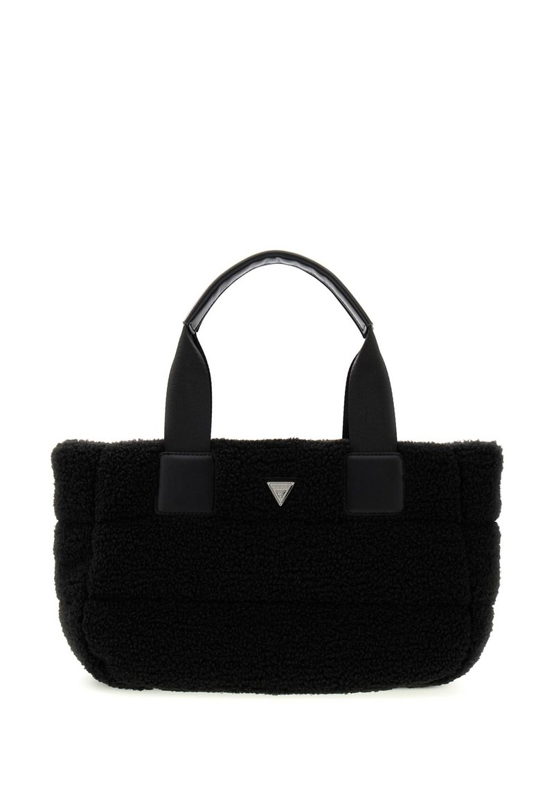 Czarna torebka teksturowa wykonana z puszystego materiału z gładkimi czarnymi paskami i trójkątnym logo. Prostokątny kształt z miękkim wykończeniem.